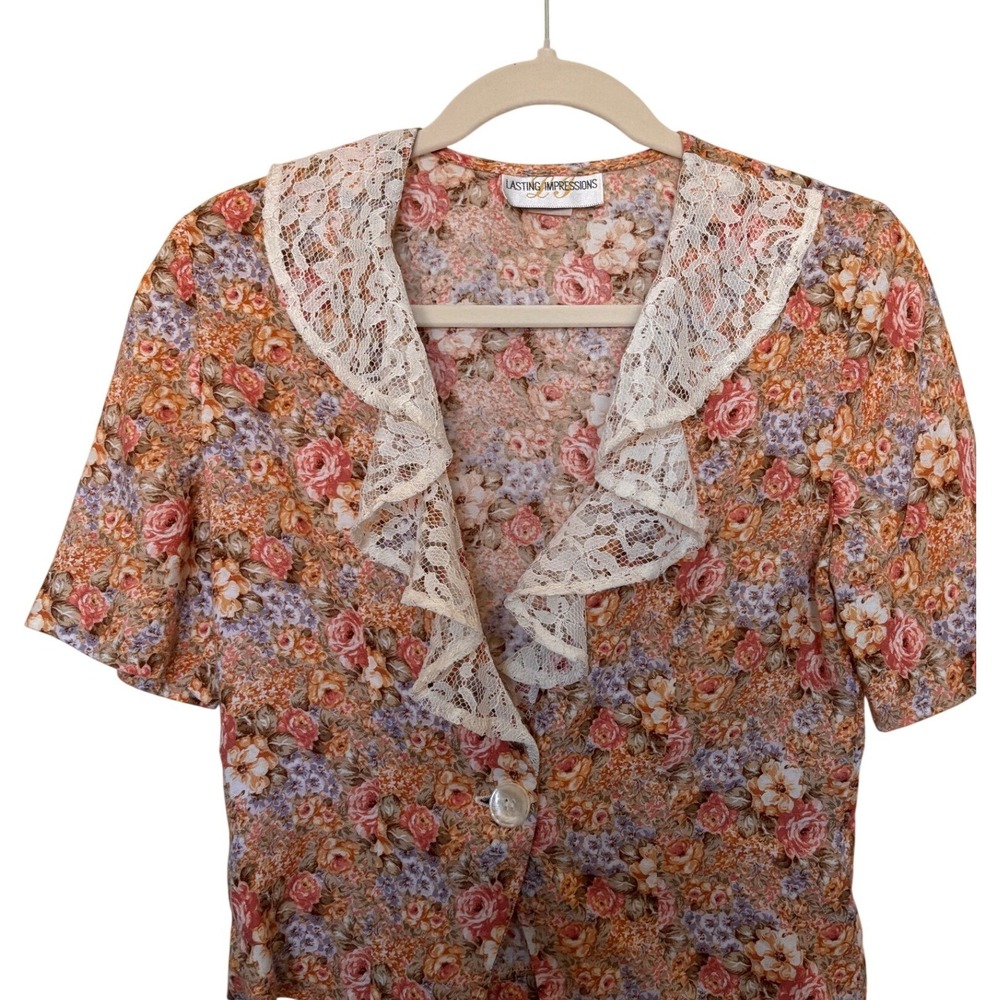 Vintage Lasting Impressions Floral Lace Collar Blouse Orange Pink Rayon Top‎ 90s
